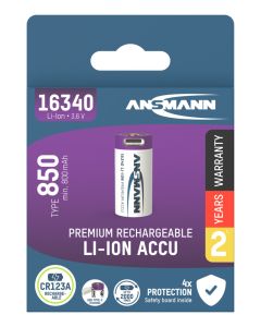 Li-Ion Akku 16340 / RCR123 Typ 850 (min. 800 mAh) mit USB Typ-C Ladebuchse