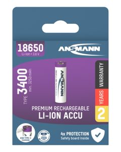 Li-Ion Akku 18650 Typ 3400 (min. 3250 mAh) mit USB Typ-C Ladebuchse